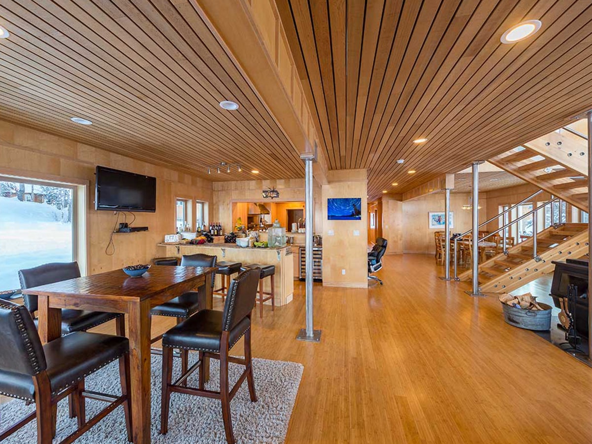 Interior view of Judd Lake Lodge's bar and dining room area.