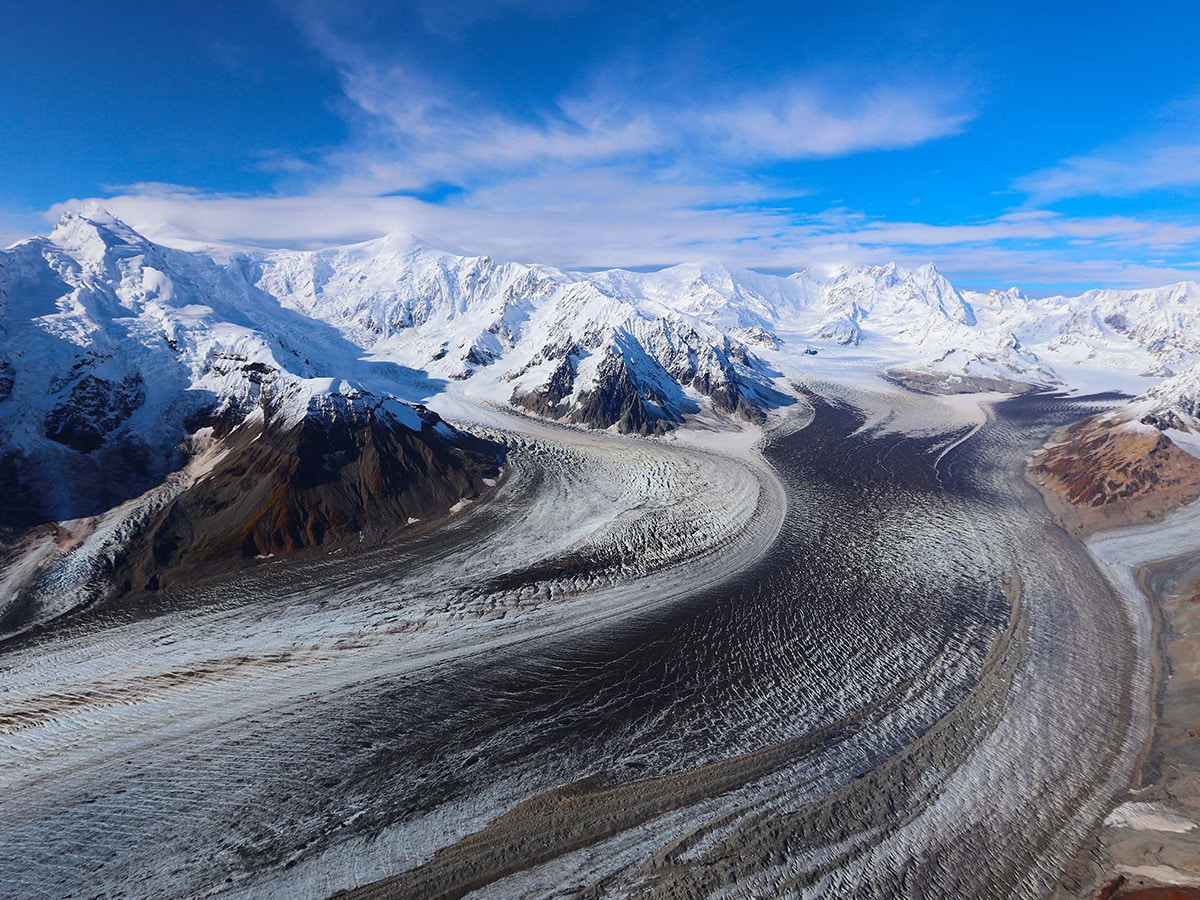 The view from a helicopter of an Alaskan glacier during an afternoon of sky trekking.