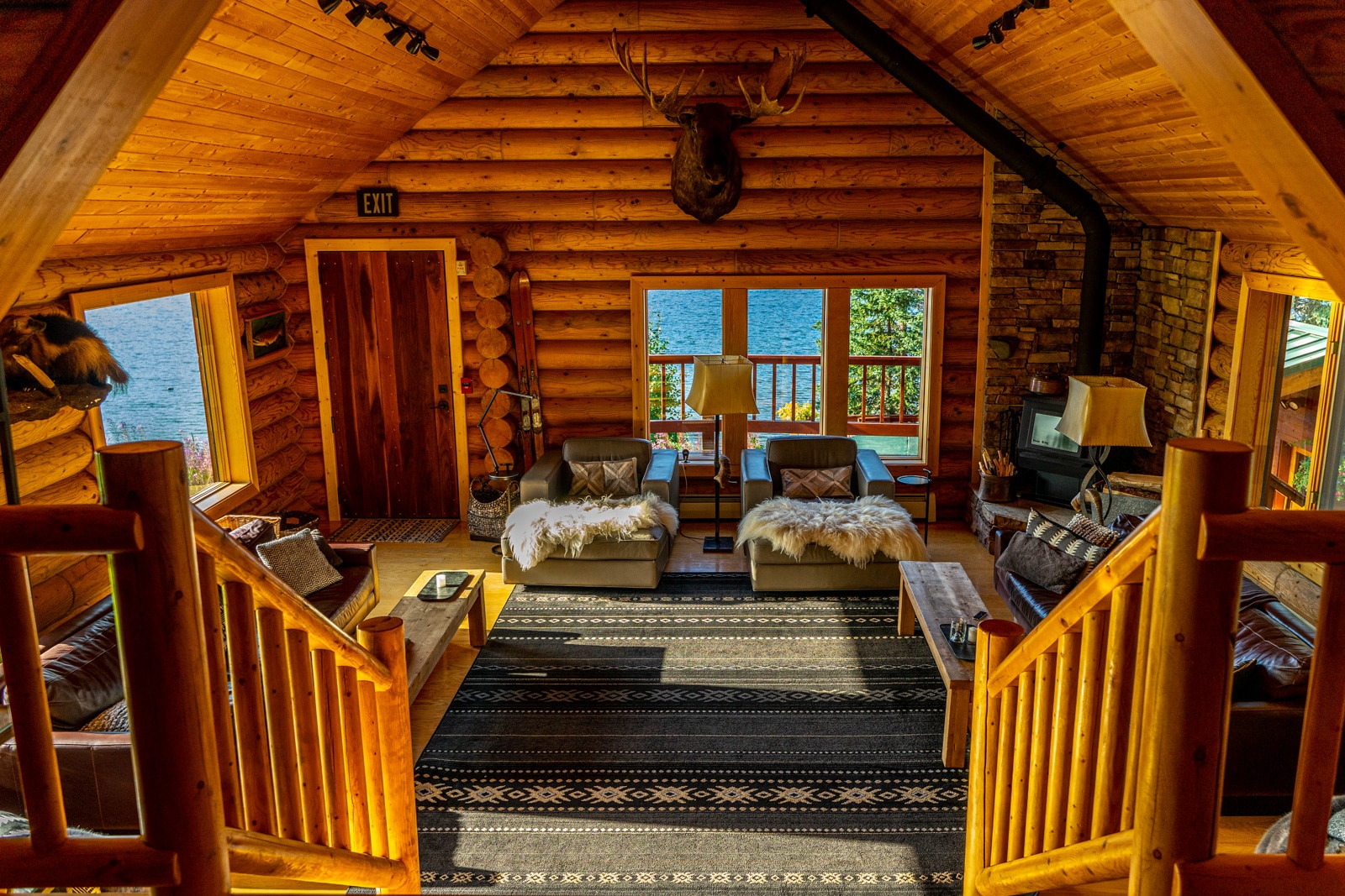 A sitting area in the Main Lodge of Tordrillo Mountain Lodge where guests can socially distance.