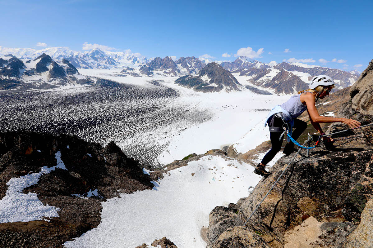 A guest at Tordrillo Mountain Lodge climbs Alaska’s first via ferrata.