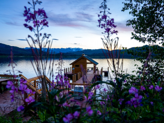 Tordrillo Mountain Lodge sauna at sunset with fireweed.