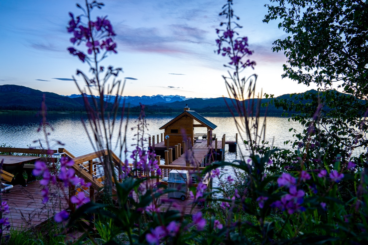 Tordrillo Mountain Lodge sauna at sunset with fireweed.