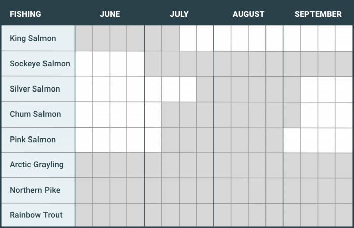 A chart showing the types of fish in Alaska and when the best time is to fish.