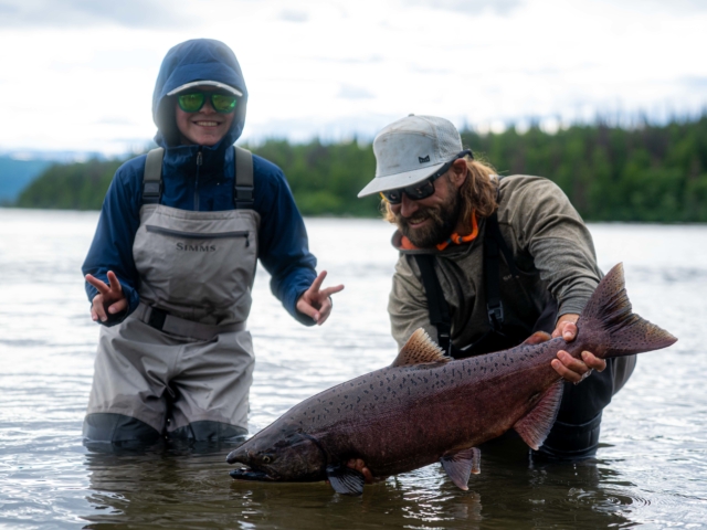 a kid catches a king salmon on the talchalitna river