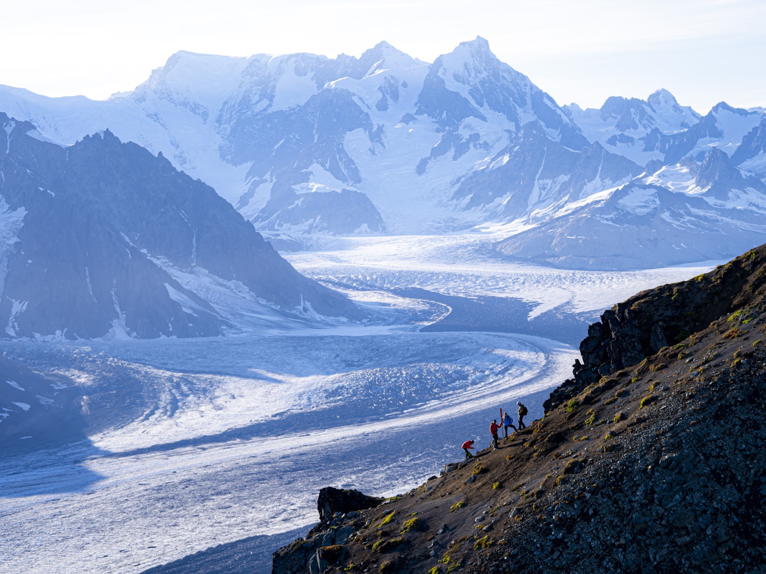 hiking above the capps glacier in the tordrillo mountains