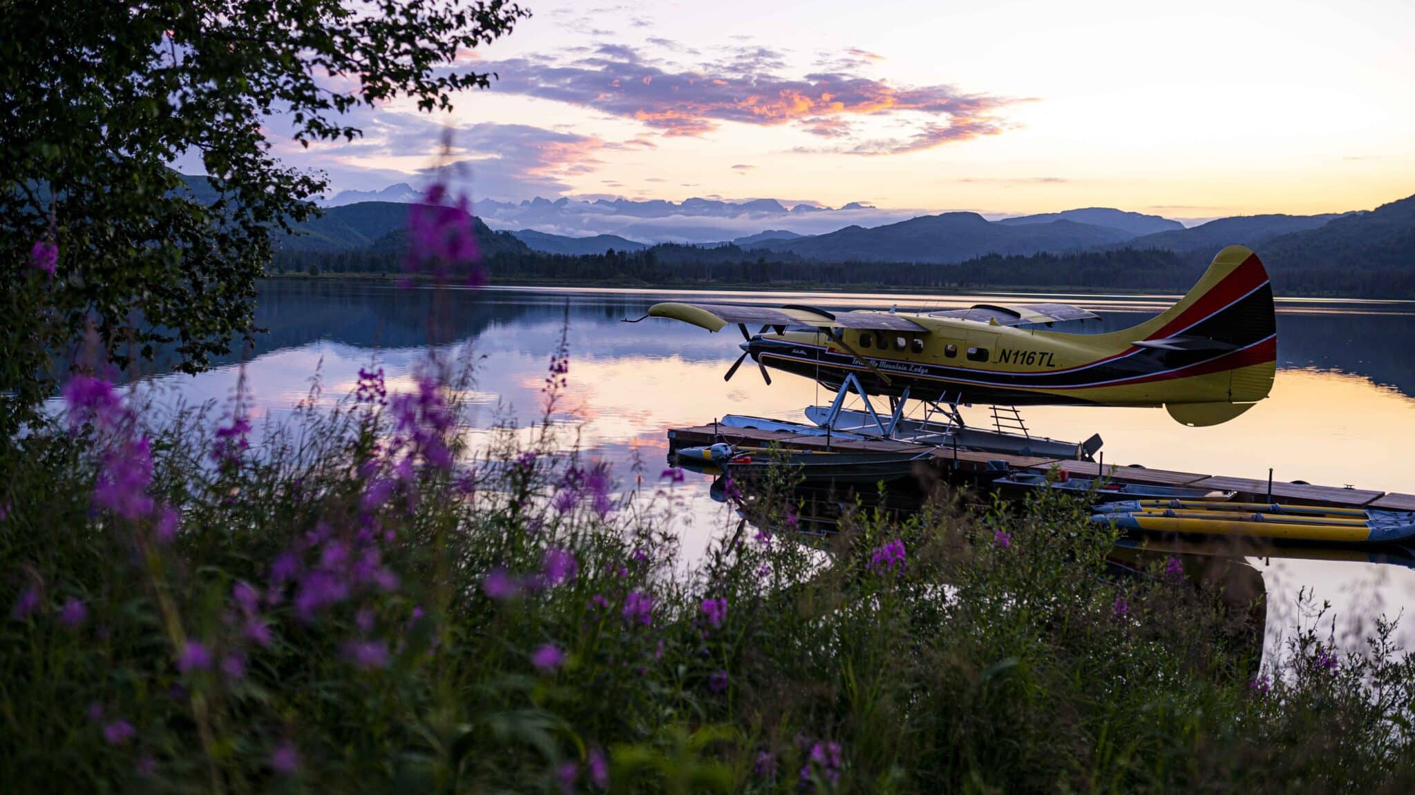 otter parked at the lodge at sunset