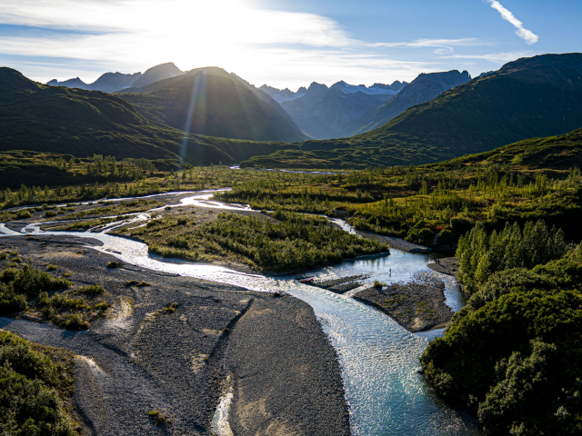 flying over coal creek in the tordrillo mountains