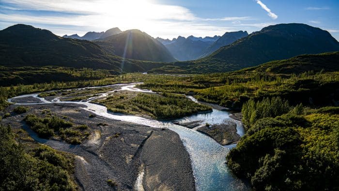 flying over coal creek in the tordrillo mountains